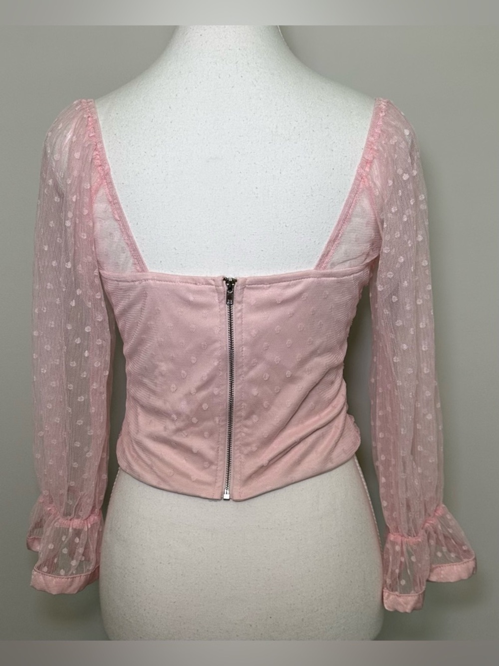 Pink Polka Dot Ruched Mesh Crop Top Sheer Sweetheart Feminine Romantic Y2K 90s S - Picture 3 of 12